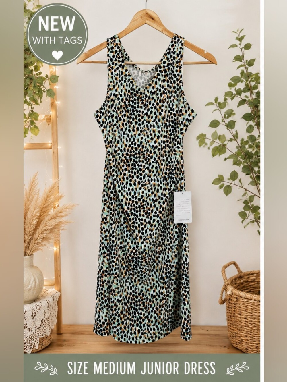 Sleeveless Mint Leopard-Print Midi Dress